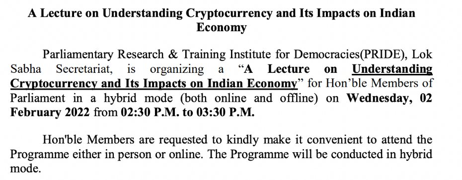 Indian Parliament's agenda includes crypto training sessions and no bills banning digital assets.